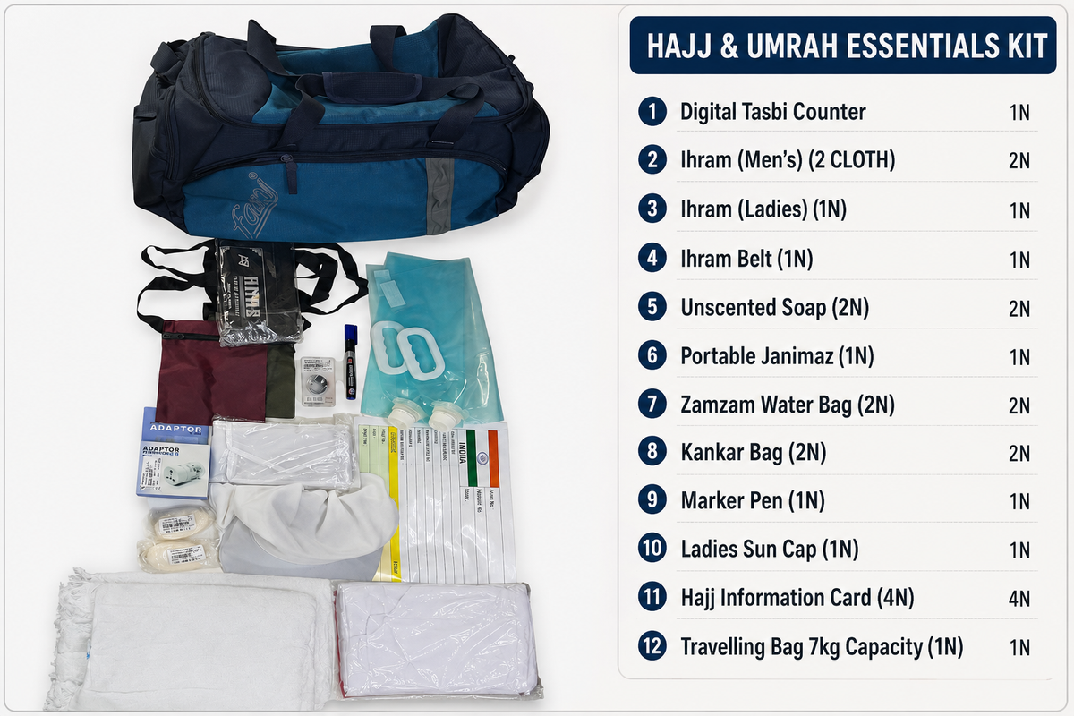 HAJJ KIT COMBO ALL 13 ESSENTIALS PRODUCTS WITH LUGGAGE BAG