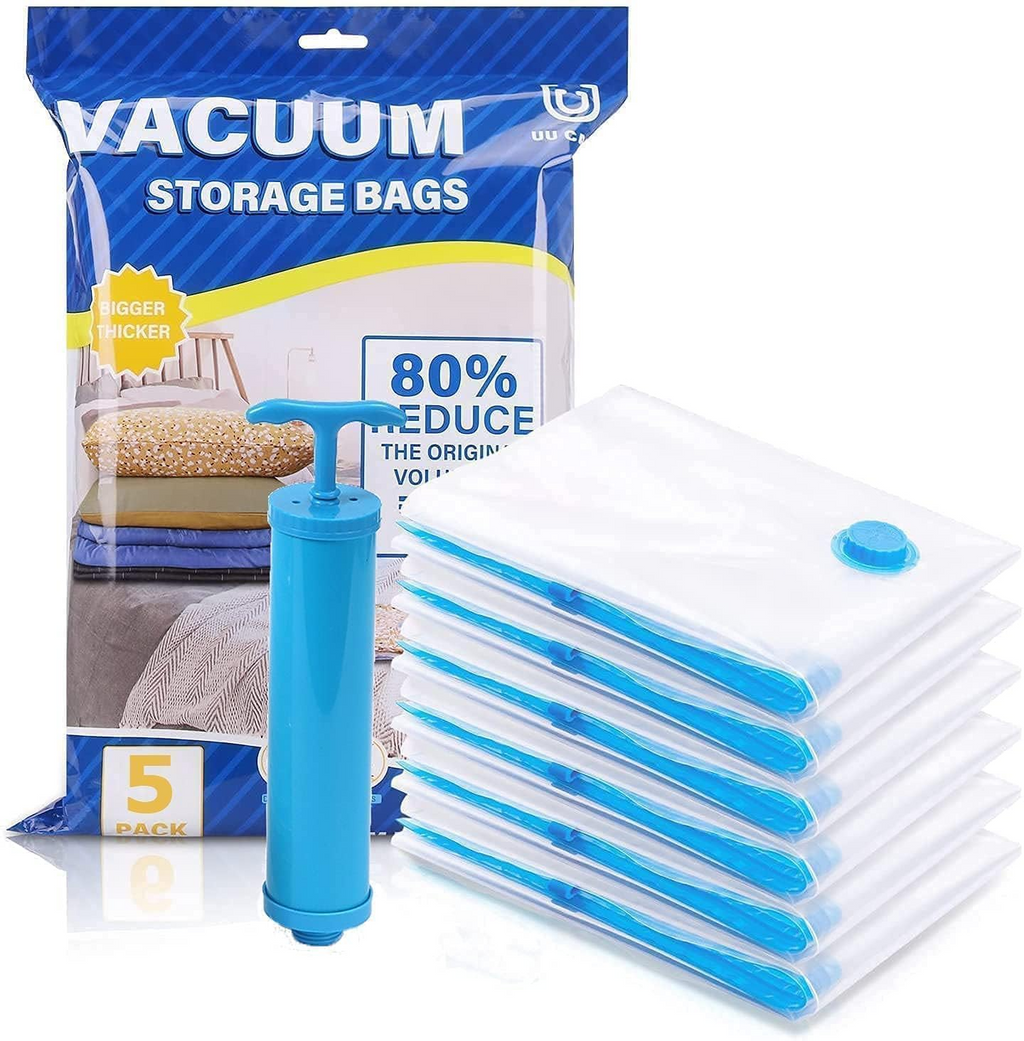 Vacuum Storage Bags with Hand Pump | Set of 5 Space Saver Bags (1 Jumbo, 2 Large, 2 Medium) | Reusable Airtight Ziplock Compression Bags for Clothes, Blankets, Comforters, Bedding & Travel