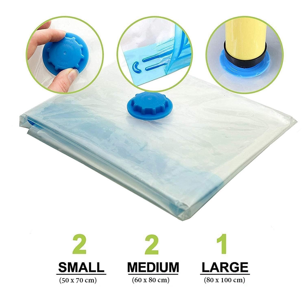 Vacuum Storage Bags with Hand Pump | Set of 5 Space Saver Bags (1 Jumbo, 2 Large, 2 Medium) | Reusable Airtight Ziplock Compression Bags for Clothes, Blankets, Comforters, Bedding & Travel