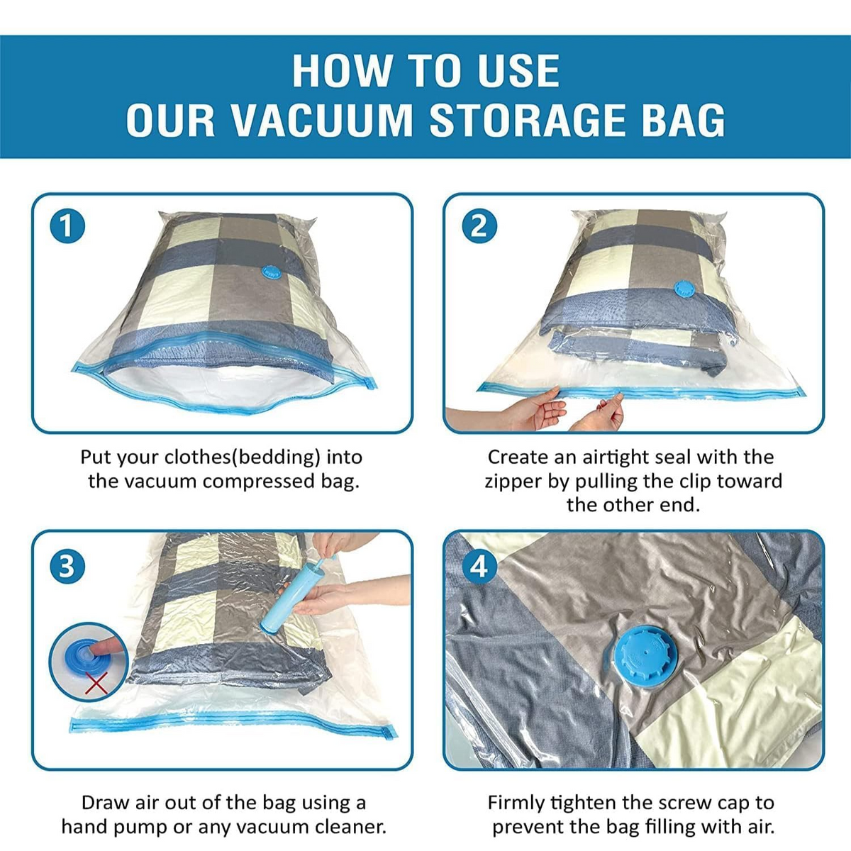 Vacuum Storage Bags with Hand Pump | Set of 5 Space Saver Bags (1 Jumbo, 2 Large, 2 Medium) | Reusable Airtight Ziplock Compression Bags for Clothes, Blankets, Comforters, Bedding & Travel